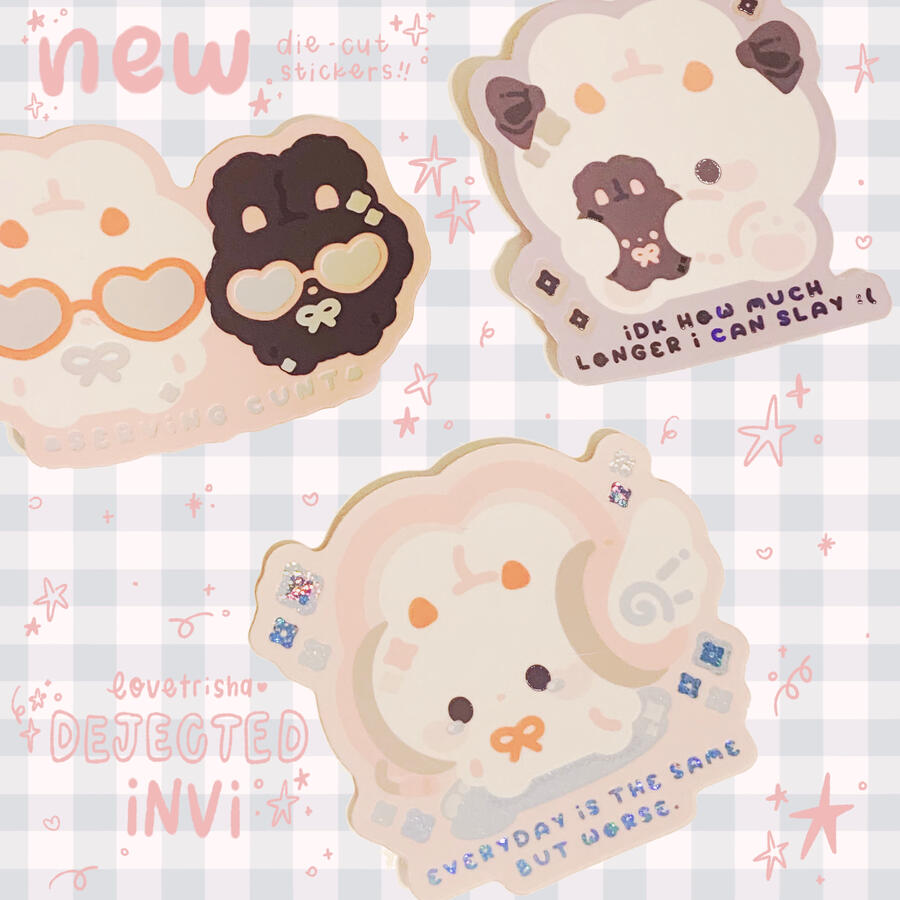 "dejected invi" die-cut stickers